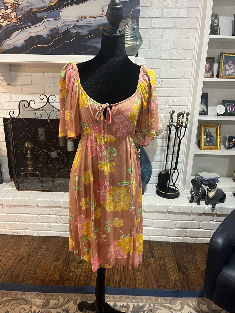 Billabong Peach Midi Dress with Yellow & Pink Floral Print